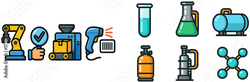Various industrial tools and equipment illustrate manufacturing and scientific processes in a modern facility