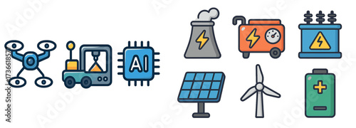 Innovative technologies showcasing AI, renewable energy, and electrical devices at an exhibition in a modern urban setting