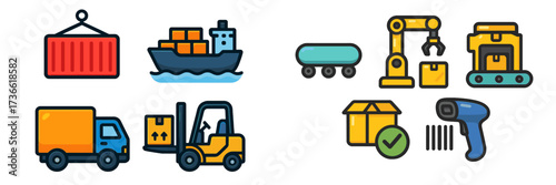 Transport and logistics elements illustrated with various vehicles and equipment in a vibrant design for educational purposes