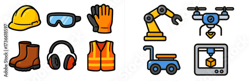 Construction and manufacturing tools and safety equipment highlighted in a colorful illustration