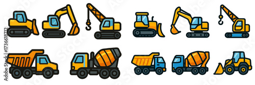 Construction vehicles in various types and designs suitable for heavy-duty tasks and building projects