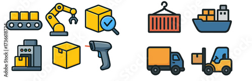 Icons illustrating logistics and supply chain processes in a simplified, engaging style