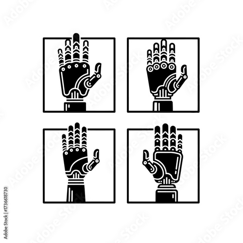 Four stylized black and white icons of a robotic hand in a square frame, each showing a slightly different finger position.