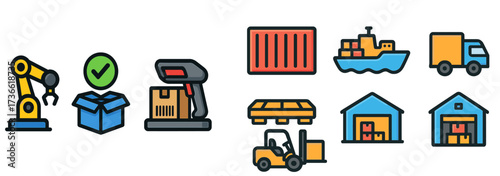 Warehouse logistics and automation processes with delivery, shipping, and inventory management elements