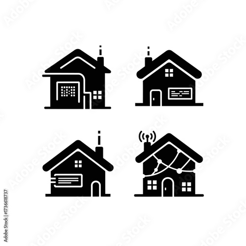 Black silhouette icons depicting smart homes with various technological features and connectivity.