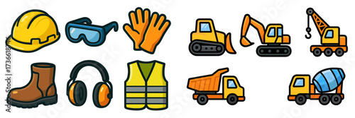 Construction equipment and safety gear displayed together for a work site setup