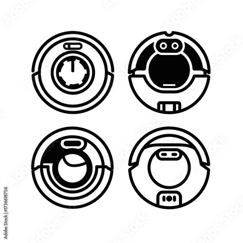 Four different top-down views of robotic vacuum cleaner designs, each with unique features.