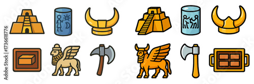 Illustrations of ancient artifacts and symbols showcasing cultural heritage and history