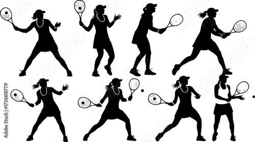 Tennis player silhouette set in dynamic action poses with racket, female athlete sports vector for fitness and competition design