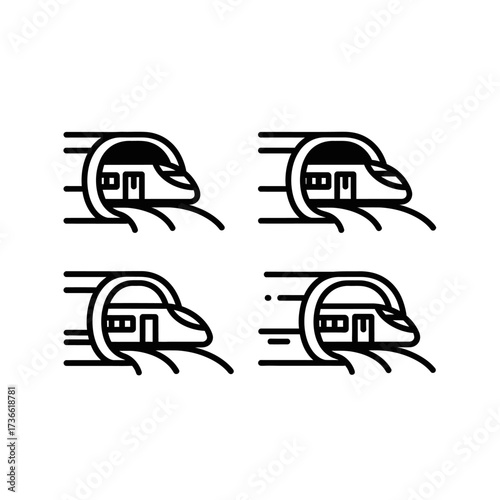 Four identical train icons in black and white, showing a high-speed train entering a tunnel.