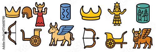 Exploring ancient mythology through colorful symbols and artifacts from a historic culture's pantheon