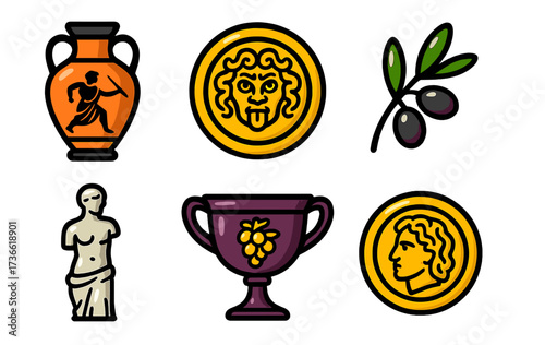 Ancient artifacts and symbols representing Greece's rich history and culture displayed in a colorful arrangement