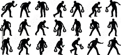 Thief Silhouette Collection of Criminal Poses Holding Money Bag, Sneaking, Running, Stealing, Robbery Action Vector Icons for Crime Concepts