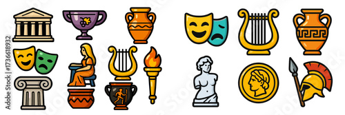 Symbols of ancient culture showcasing mythology, arts, and architecture in bold colors