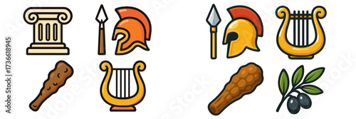 Intricate symbols of ancient Greek culture displayed together in a vibrant illustration representing historical elements