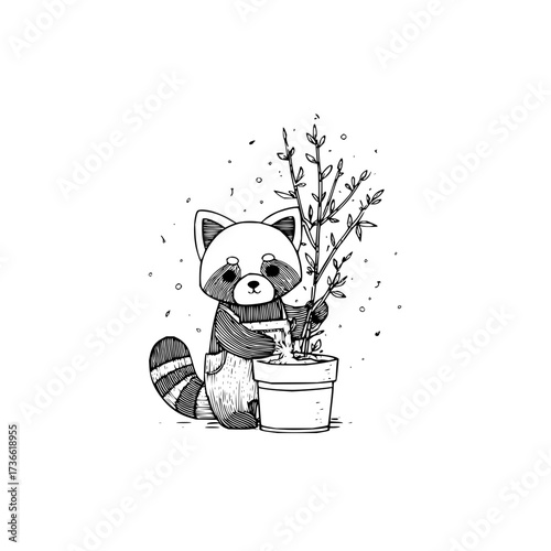 A red panda in overalls tending to a potted plant with branches and leaves in a black and white sketch