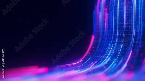 Closeup of Big data light speed upward flow. Abstract digital data stream of quantum computing. Cyberspace of qubit trail waves. Modern tech information transmission.