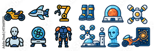 Various robotic and futuristic designs including vehicles and machinery arranged in a geometric layout