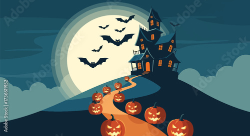 Vector illustration of a haunted house on a hill with glowing jack-o’-lanterns, flying bats, eerie trees, and a full moon, perfect for Halloween posters, invitations, and spooky seasonal designs