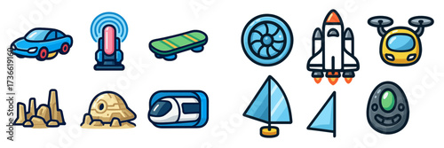 Colorful icons showcasing modern transportation, technology, and exploration themes in a vibrant design
