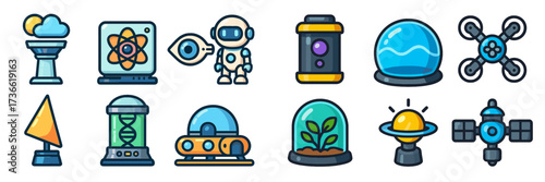 Colorful icons representing space exploration and scientific concepts with a futuristic design displayed in a grid layout