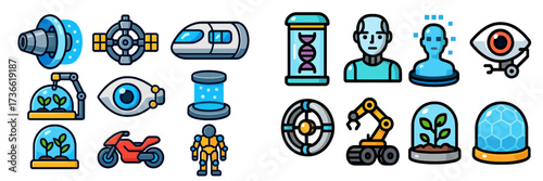 Illustration of futuristic technology and robotics showcasing various concepts such as transportation, agriculture, and human enhancement