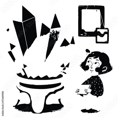 Silhouette illustration showing a curious young girl watching jagged crystals emerge from a mysterious magical cauldron.