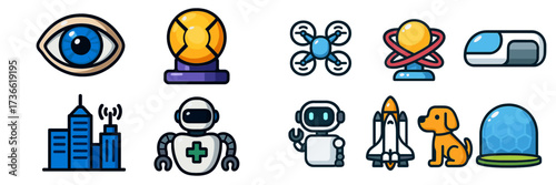 Icons representing technology, science, and robotics in a modern urban setting during daytime