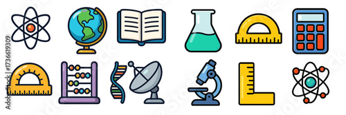 Colorful educational icons representing science, mathematics, and learning tools on a white background