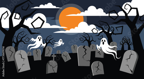 Vector illustration of playful ghosts floating through a spooky graveyard at dusk with tombstones, eerie trees, and a haunting sky, perfect for Halloween posters, invitations, and seasonal marketing