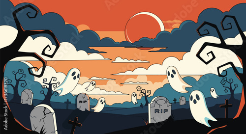 Vector illustration of playful ghosts floating through a spooky graveyard at dusk with tombstones, eerie trees, and a haunting sky, perfect for Halloween posters, invitations, and seasonal marketing