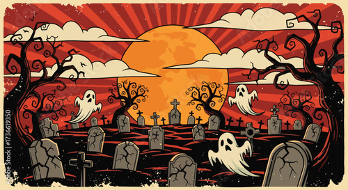 Vector illustration of playful ghosts floating through a spooky graveyard at dusk with tombstones, eerie trees, and a haunting sky, perfect for Halloween posters, invitations, and seasonal marketing