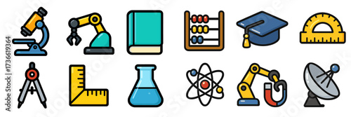 Icons representing various educational tools and scientific instruments designed for learning in a digital format