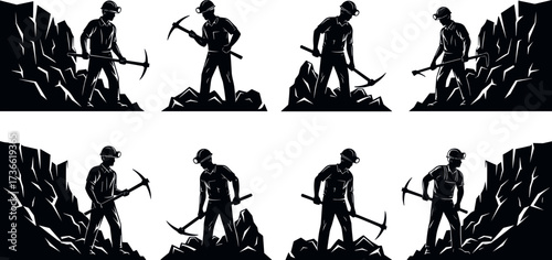 Underground miner with helmet and pickaxe working in rocky cave, black and white vector illustration for mining industry concept