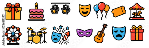 Festive celebration elements featuring party supplies, performance symbols, and entertainment icons in vibrant colors
