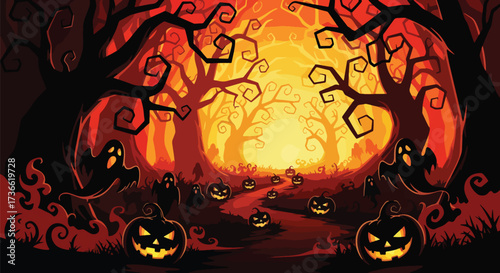 Vector illustration of a spooky Halloween forest with glowing jack-o’-lanterns along a winding path and playful ghosts among eerie trees, ideal for festive invitations, posters, and seasonal marketing
