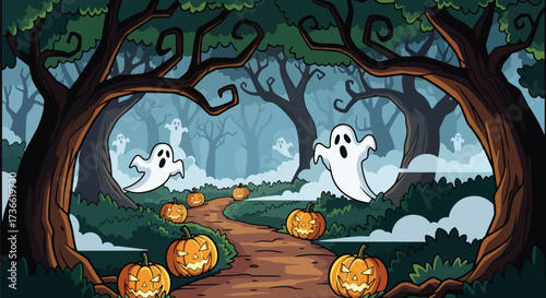 Vector illustration of a spooky Halloween forest with glowing jack-o’-lanterns along a winding path and playful ghosts among eerie trees, ideal for festive invitations, posters, and seasonal marketing