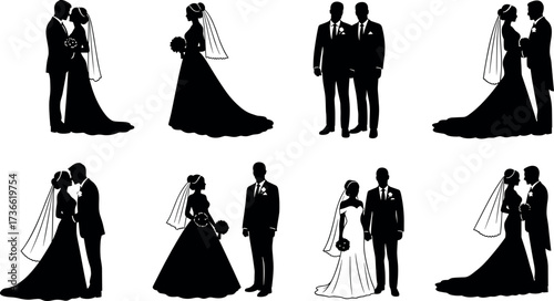 Wedding couple silhouette set featuring romantic poses, bridal veil, groom suit, bouquet holding, kissing, embracing, ceremony moment vector illustration