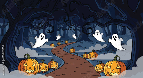 Vector illustration of a spooky Halloween forest with glowing jack-o’-lanterns along a winding path and playful ghosts among eerie trees, ideal for festive invitations, posters, and seasonal marketing