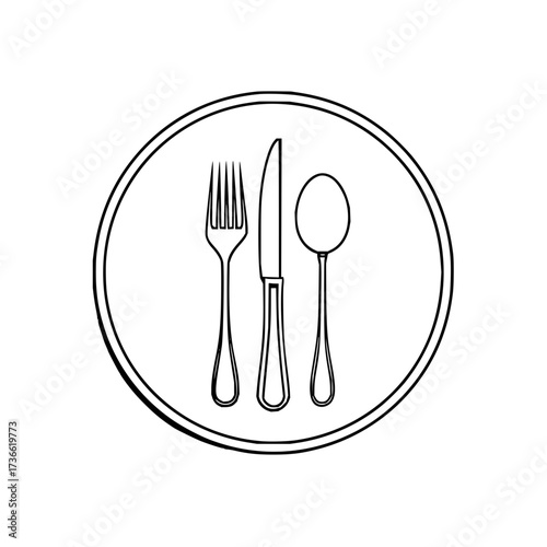 Illustration of a fork, knife, and spoon arranged inside a circle on a white background design element