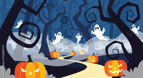 Vector illustration of a spooky Halloween forest with glowing jack-o’-lanterns along a winding path and playful ghosts among eerie trees, ideal for festive invitations, posters, and seasonal marketing