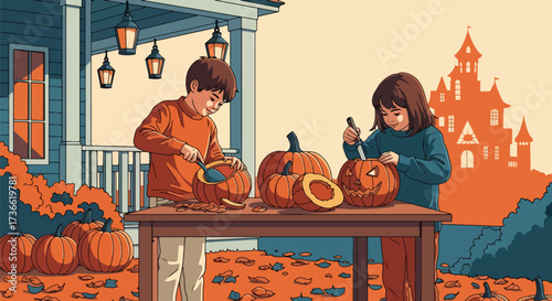 Vector illustration of children carving jack-o’-lanterns on a porch at sunset with a haunted house in the background, perfect for Halloween invitations, festive posters, and seasonal marketing