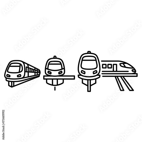 A collection of four modern high-speed train icons in a minimalist line art style.