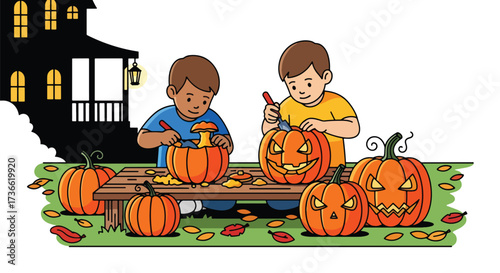 Vector illustration of children carving jack-o’-lanterns on a porch at sunset with a haunted house in the background, perfect for Halloween invitations, festive posters, and seasonal marketing
