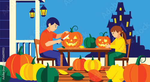 Vector illustration of children carving jack-o’-lanterns on a porch at sunset with a haunted house in the background, perfect for Halloween invitations, festive posters, and seasonal marketing