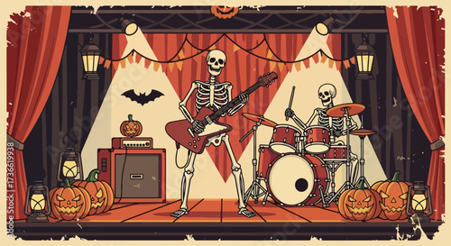 Vector illustration of skeletons playing in a rock band with guitars, drums, and microphones surrounded by jack-o’-lanterns, perfect for Halloween party posters, music events, and festive designs