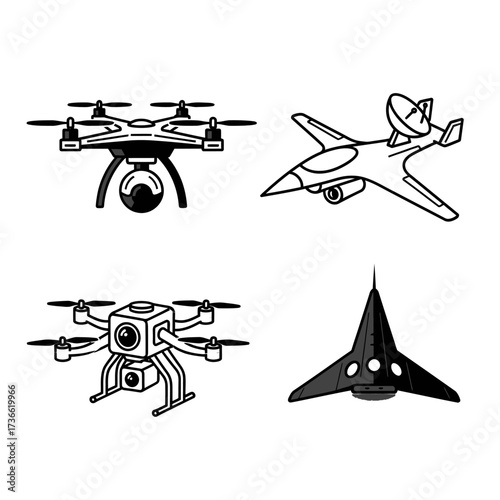 Four different types of unmanned aerial vehicles in black and white.