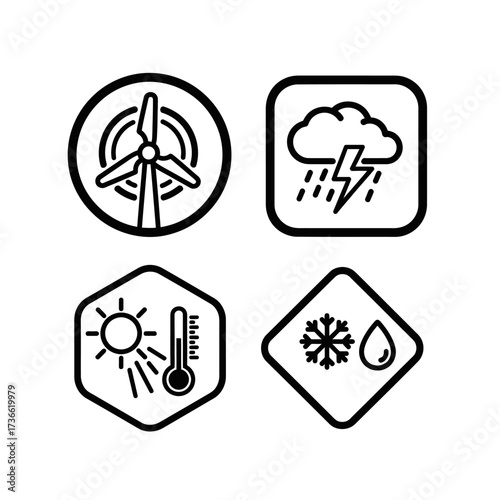 A set of four black and white line icons representing weather, climate, and renewable energy.