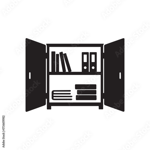 Open cabinet silhouette showing books and files inside