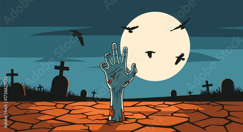 Cartoon illustration of a zombie hand rising from a graveyard at night with flying crows and eerie trees, perfect for Halloween posters, horror themes, and spooky seasonal designs